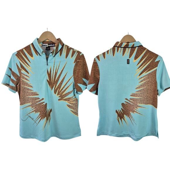 Jamie Sadock Light Blue Brown Zig Zag Print Activewear Short Sleeve Top Shirt S - Picture 1 of 2